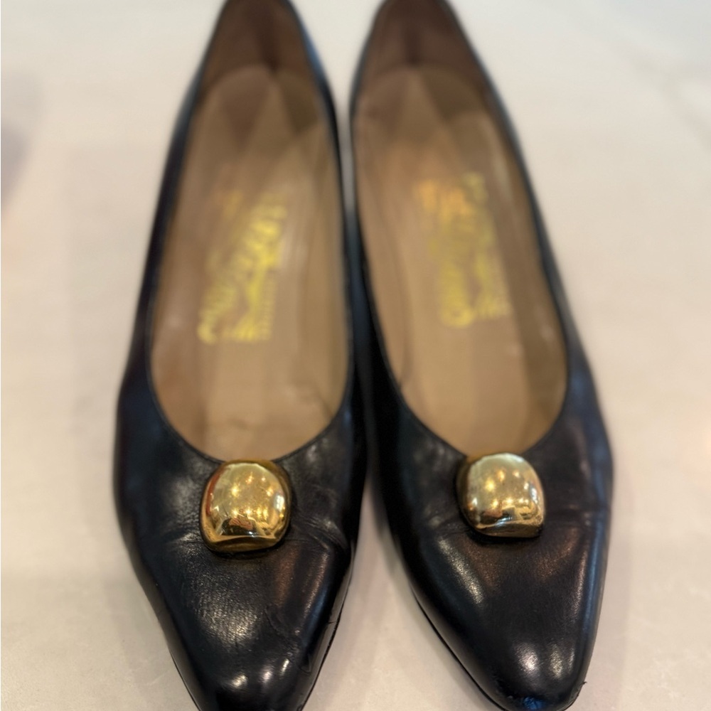 Salvatore Ferragamo Vintage Black Leather Women's Shoes with Gold Accent